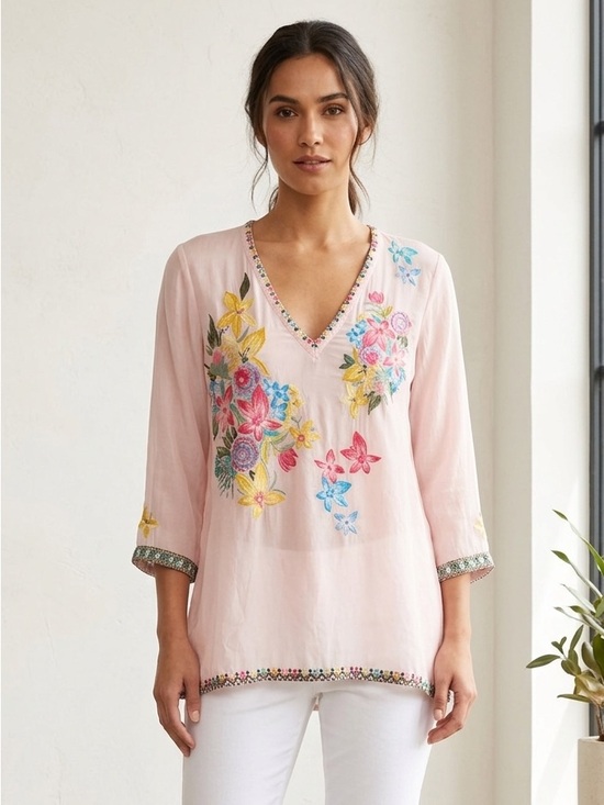 Johnny Was Tops - Johnny Was Pale Pink Floral Embroidered V-Neck Tunic